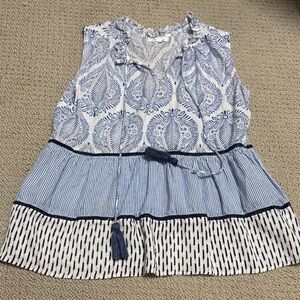 THML tiered blue patterned sleeveless blouse